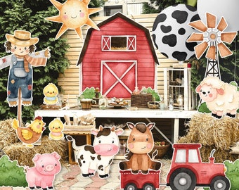 Dekor Bauernhof, Scheune, Esel, Lamm, Ferkel, Huhn, Sonne, Tiere Barnyard Ranch, Baby Shower Party, Geburtstagsfeier, DIGITAL Download