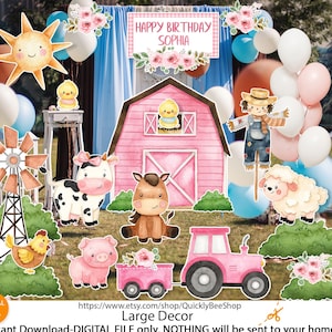 Big Pink decor Farm, Barn, Donkey, Lamb, Piglet, Chicken, Sun, Animals  Barnyard Ranch, Baby Shower Party, Birthday Party, DIGITAL files