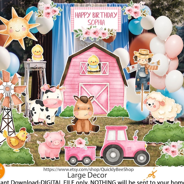 Big Pink decor Farm, Barn, Donkey, Lamb, Piglet, Chicken, Sun, Animals  Barnyard Ranch, Baby Shower Party, Birthday Party, DIGITAL files