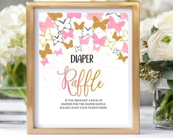 Butterfly Diaper Raffle Sign, Diaper Raffle Baby Shower Sign Pink Butterfly, Diaper Game Decor Decoration Printable Instant Download
