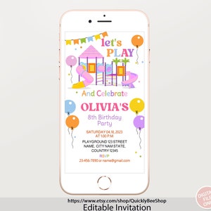 May include: Editable invitation for an 8th birthday party with a colorful playground theme. The invitation features a cartoon image of a playground with a slide, swings, and a climbing structure. The text "Let's Play" is in large, colorful letters. The invitation also includes the birthday girl's name, the date and time of the party, and the location.