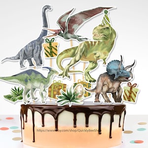 May include: A set of six dinosaur cake toppers, including a green T-Rex wearing a party hat, a blue Triceratops, a green Brachiosaurus, a green Pterodactyl, a green Stegosaurus, and a blue Brontosaurus. Each dinosaur is holding a gift box with a green, yellow, and brown striped pattern.