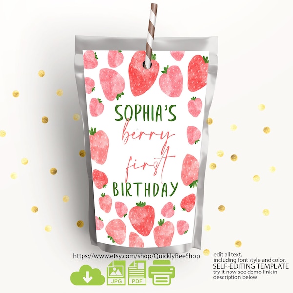 Editable Strawberry Capri Sun Label, Berry  juice bag label, Printable Print 1st Birthday Party Juice Label, Instant Download Pink Floral