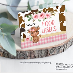 Cartes de lieu de vache modifiables, étiquettes d'aliments, décorations d'anniversaire de ferme de fille, décor floral de douche de bébé de vache, cartes de tente de table de dessert