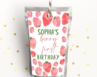 May include: A printable juice box label featuring a watercolour strawberry design. The label reads "Sophia's Berry First Birthday".