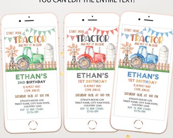 May include: Three printable phone screen invitations for a child's birthday party. Each invitation features a cartoon tractor with a different colour scheme: green, red, and blue. The text on the invitations reads "Start your tractor and put it in gear" and "Ethan's 1st Birthday" or "Ethan's 2nd Birthday".