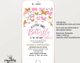 May include: A pink and gold digital baby shower invitation with butterflies. The text reads "A Little Baby Butterfly is on the Way!"  Join us to celebrate with the parents-to-be Sophia's and Daniel. Saturday 04,18, at 1:00 PM. Sophia's House 123Street Name, City Nam State, Country 12345. RSVP to Sophia 123-456-7890. Registered at Target and Amazon.
