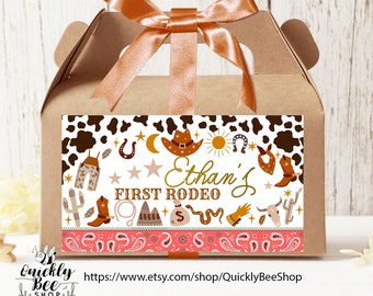 Etiqueta editable de la 1a caja de Rodeo Gable, etiqueta de la caja del favor de la fiesta del vaquero occidental, etiqueta de la caja del favor del rancho del salvaje oeste, descarga instantánea
