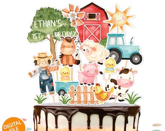 Farm Centerpieces Farm Animals Birthday, Baby Shower, Diapers Cake Decor, Cake Topper Table Decor, Barnyard Red Decoration, Editable File 2