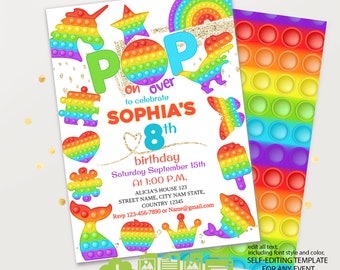 Editable Pop It Birthday Invitation, Pop It Invitation Template, Printable Pink Rainbow Fidget Toy Party Invitation, Pop Popper Toy Invite#2
