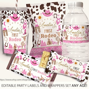 Rodeo First Birthday Party Decor, Chip Bag Wrapper, Treat Wrapper, Capri Sun Labels, Water Bottle Label, Pink Cowgirl, EDITABLE TEMPLATE 5