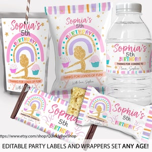Gymnastics Birthday Party Decor, Chip Bag Wrapper, Treat Wrapper, Capri Sun Labels, Water Bottle Label, EDITABLE Digital Instant download
