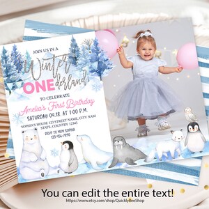 Winter Onederland Invite, Wonderland Girl 1st Birthday Party Invite, Polar Bear Arctic Animals, Woodland Forest einladen, Instant download