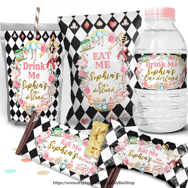 Alice in Wonderland Birthday Bundle, Chip Bag Treat Wrapper, Girl Birthday Party, Capri Sun Labels, Water Bottle Label, EDITABLE TEMPLATE