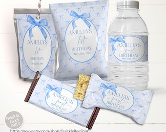 Blue Bow Birthday Party Decor, Chip Bag Wrapper, Treat Wrapper, Capri Sun Labels, Water Bottle Label, EDITABLE TEMPLATE