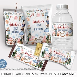 May include: A collection of party labels and wrappers featuring a Nutcracker theme. The designs include illustrations of nutcrackers, ballerinas, and festive decorations. The text "Amelia's First Birthday" is prominently displayed on each item. Includes a juice box, snack bags, water bottle, and candy bar wrappers.