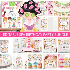 Könnte beinhalten: Editierbares Spa-Party-Druckpaket mit rosa, grünen und goldenen Akzenten. Enthält ein Willkommens-Schild, Einladungen, Cupcake-Topper, Geschenkanhänger, Wasserflaschenetiketten, Schokoladenriegel-Verpackungen, Rice Krispies Treat-Verpackungen und Etiketten für Blasenflaschen. Das Thema zeigt ein Cartoon-Mädchen mit einem rosa Bademantel und Gurkenscheiben auf den Augen.
