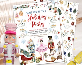 May include: A printable holiday party invitation featuring a watercolour illustration of a nutcracker, a ballerina, a mouse, a rocking horse, a sleigh, and a clock. The invitation includes the text "Please join us for a Holiday Party" and details for the party, including the date, time, and location. RSVP information is also included.