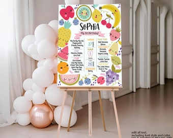 Könnte beinhalten: Ein farbenfroher, druckbarer Meilenstein-Chart zum ersten Geburtstag mit einem Frucht-Thema. Der Chart enthält den Namen des Mädchens, Sophia, und Details über ihr erstes Jahr, einschließlich ihres Gewichts, der Anzahl ihrer Zähne, ihrer Lieblingsessen, Spielzeuge und Lieder. Der Chart ist mit niedlichen Cartoon-Früchten verziert.