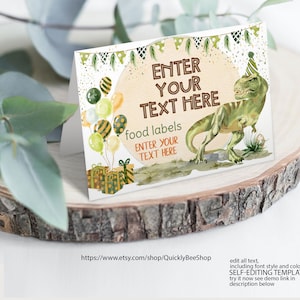 May include: Editable food label template featuring a green dinosaur with a party hat, green and yellow balloons, and gift boxes. The text reads "Enter your text here" and "Food labels enter your text here".