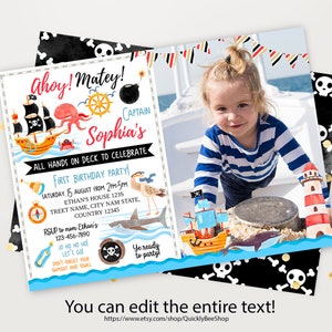 Invitación a foto de niña pirata, invitación de cumpleaños pirata, mapa del tesoro, cumpleaños de niños, invitación a fiesta pirata imprimible, descarga digital EDITABLE