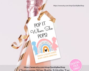 Pop It When She Pops Tag Rainbow Template, Baby Shower Champagne Tag, Gender Reveal Mini Champagne Wine Bottle Editable Tag for Printing