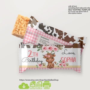 May include: Printable 2nd birthday party favor labels featuring a cute cartoon Highland cow with pink flowers and a gingham background. The labels say "2nd Birthday" and "Love, Sophia".
