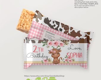 May include: Printable 2nd birthday party favor labels featuring a cute cartoon Highland cow with pink flowers and a gingham background. The labels say "2nd Birthday" and "Love, Sophia".