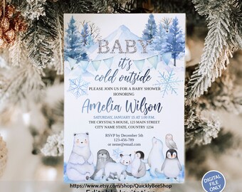 May include: A blue and white baby shower invitation with a watercolor illustration of a snowy mountain, trees, and arctic animals. The text reads "Baby it's cold outside" and includes the name "Amelia Wilson".
