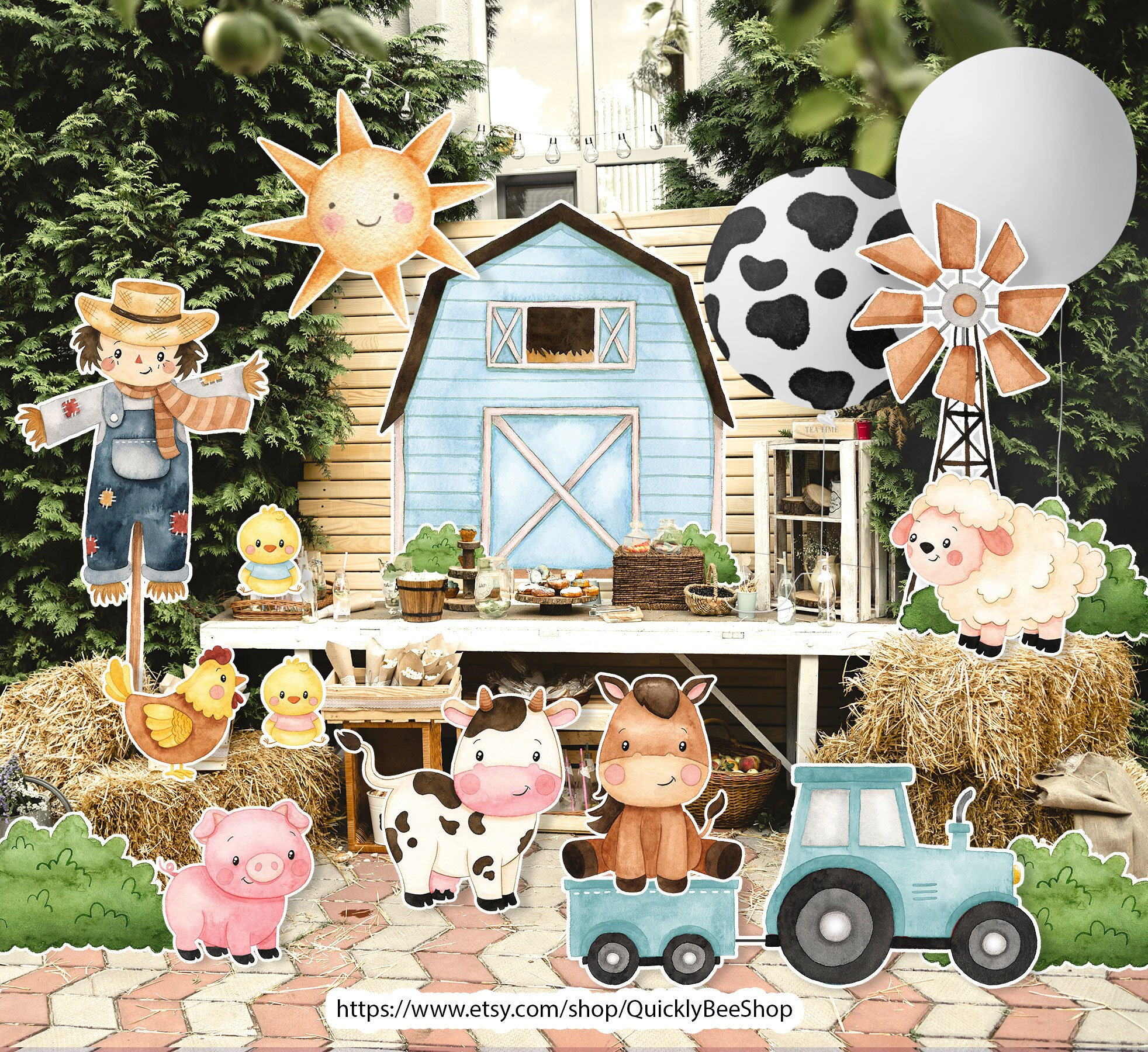 Big Blue decor Farm, Barn, Donkey, Lamb, Piglet, Chicken, Sun, Animals  Barnyard Ranch, Baby Shower Party, Birthday Party, DIGITAL download