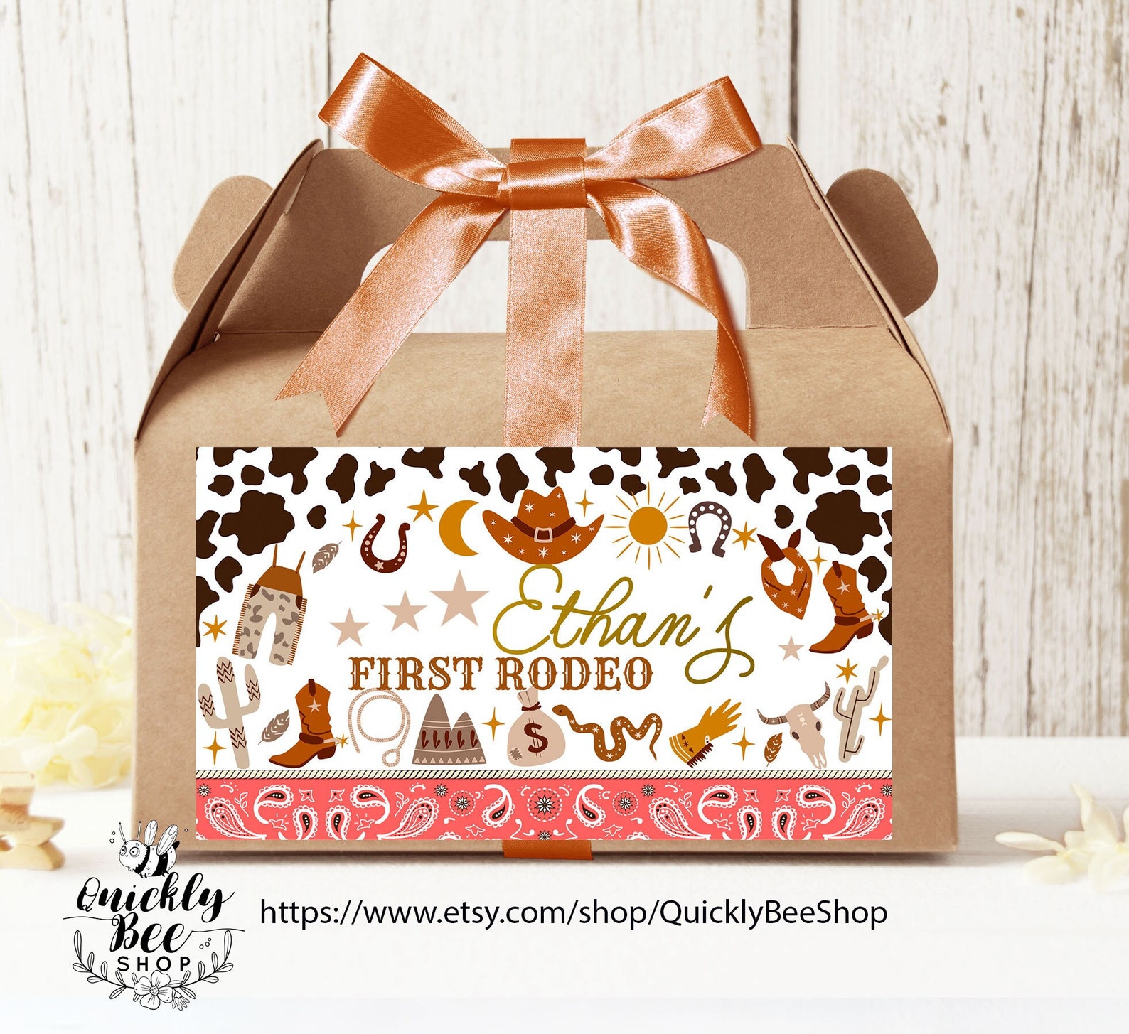 Pink Rodeo Theme Gable Box Editable 1st Rodeo Gable Box Label, Western Cowboy Party Favor Box ...
