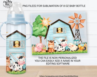 May include: A sublimation design for an 8 ounce baby bottle featuring a blue barn with a yellow chick in the window, a windmill, a cow, a horse, a pig, and a sheep. The design is set against a watercolour background with green grass and a blue sky.