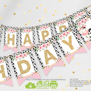 EDITABLE Cow Banner, Happy Birthday Banner, Printable 1st Birthday bunting banner, Birthday Template, Baby Shower Template, Instant download