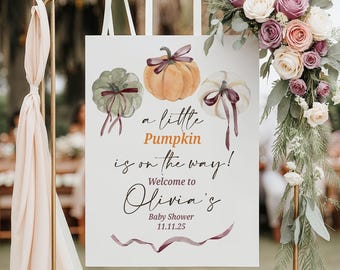May include: A white sign featuring watercolour pumpkins and the text "a little Pumpkin is on the way! Welcome to Olivia's Baby Shower 11.11.25". The sign is decorated with floral arrangements and hanging fabric.