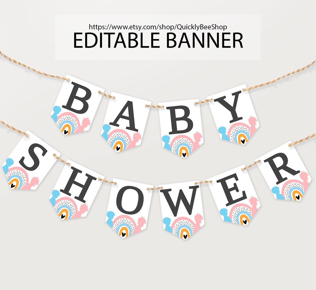 Editable Baby Shower Banner Templates, Bohemian Rainbow Banner, Gender