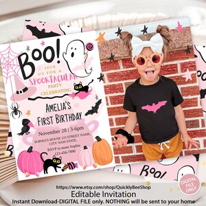 May include: Pink and black Halloween party invitation with a ghost, bats, pumpkins, and a spider web. The invitation says "Boo! Join us for a Spooktacular Party Celebrating Amelia's First Birthday."  The invitation also includes the date, time, and RSVP information.