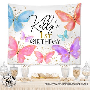 Fondo de cumpleaños de mariposas, fondo de cumpleaños de mariposas coloridas para niña, decoración de mariposas para el primer cumpleaños
