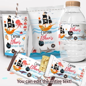 Décor de fête d'anniversaire pirate, Chip Bag Wrapper, Treat Wrapper, Capri Sun Labels, Water Bottle Label, EDITABLE TEMPLATE