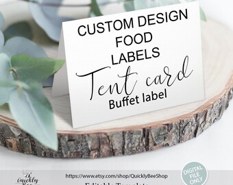 Benutzerdefinierte Essenszeltkarte, Tischkarten, gefaltetes Namensschild, personalisierte Buffet-Lebensmittelkarten, druckbares Etikett, bearbeitbare Vorlage