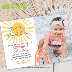 First Trip Around the Sun Birthday Invitation Editable, Girl invite, Sunshine 1st Birthday Invite, Rainbow Sun Birthday, Printable Template
