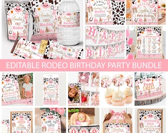 Editable Cowgirl Birthday Invitation Bundle, Wild West Cowgirl Southwestern Ranch 1st Rodeo Birthday Decor Package, Digital download
