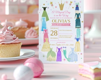 Invitación de cumpleaños de princesa editable, invitación con vestidos de princesa de Érase una vez, fiesta de disfraces de niña real rosa, fiesta de celebración mágica