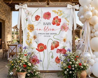 Baby shower, Bachelorette Party, Wrdding, Birnhday, Wild Poppy Backdrop, Red, Pink, Yellow Flowers Banner