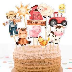以下が含まれることがあります： 誕生日パーティー用の農場動物のケーキトッパーのセット。トッパーには、赤い納屋、かかし、豚、牛、馬、鶏、羊、太陽、トラクターが含まれています。トッパーは厚紙製で、水彩画のような外観です。トッパーは、どんな誕生日ケーキにも楽しくお祝いの雰囲気を加えるのに最適です。