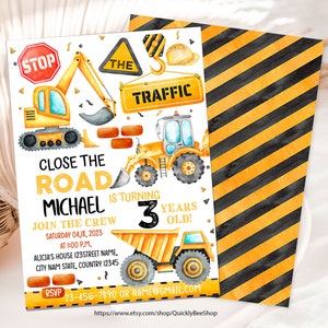 Construction theme Birthday Invitation, join our crew to celebrate the Birthday Boy, Dump Truck, Excavator, Bulldozer, Digital download