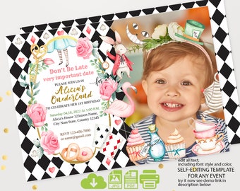 May include: A printable Alice in Wonderland themed birthday invitation with a black and white chequered background. The invitation features a watercolour illustration of Alice, the Mad Hatter, the White Rabbit, and a flamingo. The invitation also includes a photo of a child wearing a headband with a Mad Hatter hat. The text on the invitation reads "Don't Be Late very important date Please join us in Alicia's Onederland to celebrate her 1st birthday Saturday 04,18, 2022 At 1:00 PM. Alicia's House 123street Name, City Nam State, Country 12345 RSVP 123-456-7890 or name@gmail.com".