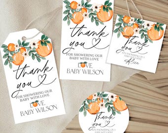 Little Cutie Thank You Favors Tags, Template Editable Tag, Citrus Orange Blossom Baby Shower Round Circle Square Tags