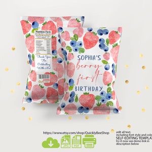 Blueberry Chip Bag, Editable Berry Snacks Treat Bag, Strawberry Birthday Party Decoration, Fruits Chip Bag Wrapper
