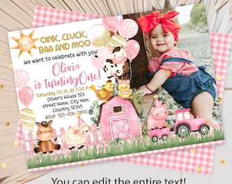 May include: A pink and gold birthday invitation with a farm theme. The invitation features a photo of a baby girl in a red headband and a blue denim dress. The text on the invitation reads "OINK, CLUCK, BAA AND MOO we want to celebrate with you! Olivia is turning One! Saturday 04,18, At 1:00 P.M. Oliver's House 123 street Name, City Nam, Country 12345 RSVP 123-456-7890 You can edit the entire text! https://www.etsy.com/shop/QuicklyBeeShop"