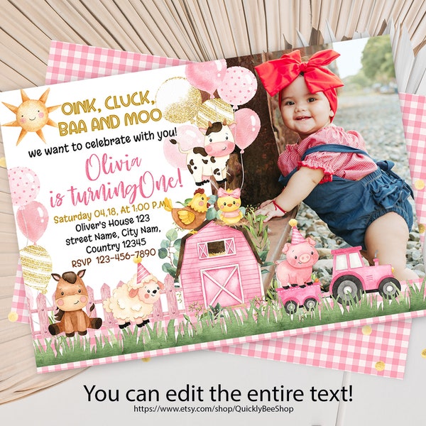 Farm Birthday Invitation, Girl Barn Party, Digital Invite, Farm Animals Barnyard Invitations INSTANT DOWNLOAD EDITABLE template